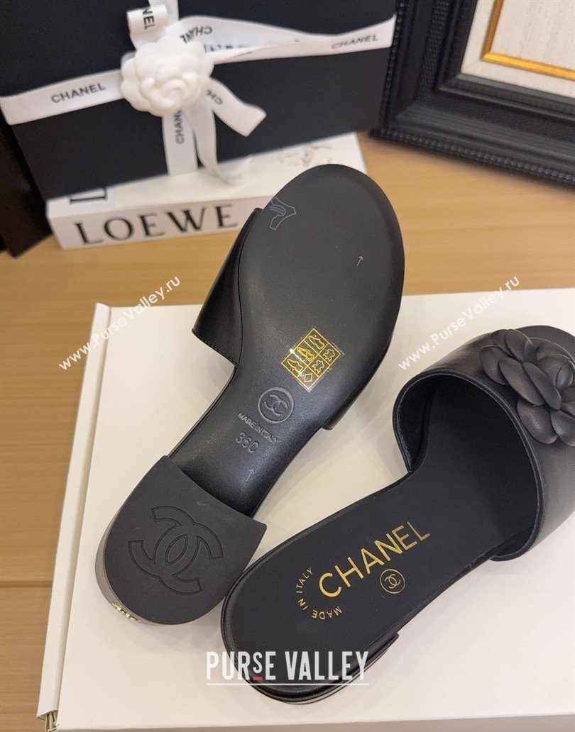 Chanel Lambskin Heel Slides Sandal 5cm with Camellia Black 2025 CH041505 (MD-250415045)