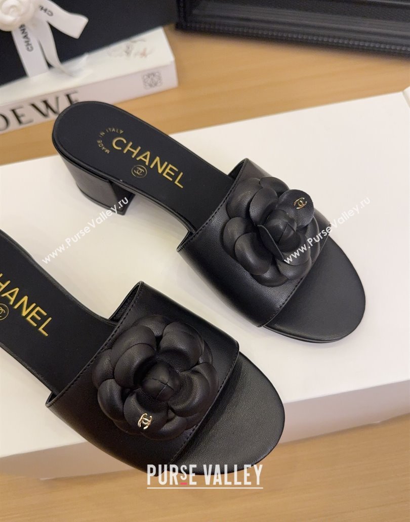 Chanel Lambskin Heel Slides Sandal 5cm with Camellia Black 2025 CH041505 (MD-250415045)
