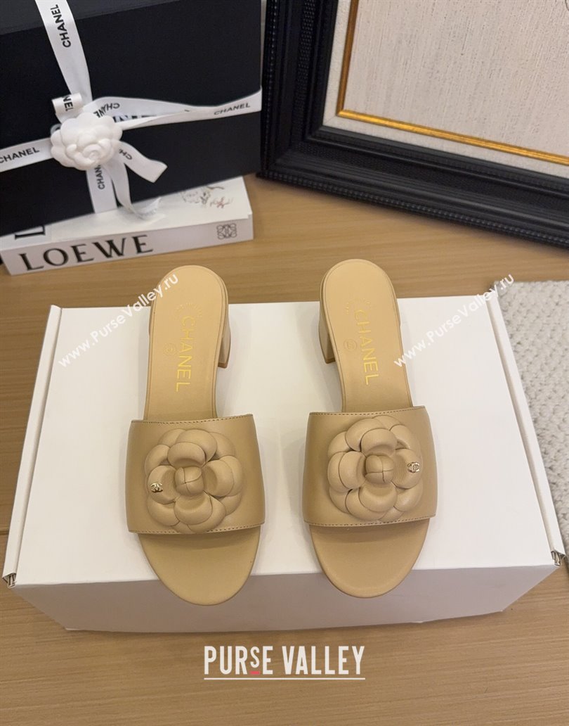 Chanel Lambskin Heel Slides Sandal 5cm with Camellia Beige 2025 CH041505 (MD-250415047)