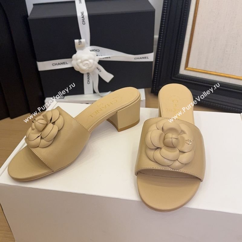 Chanel Lambskin Heel Slides Sandal 5cm with Camellia Beige 2025 CH041505 (MD-250415047)