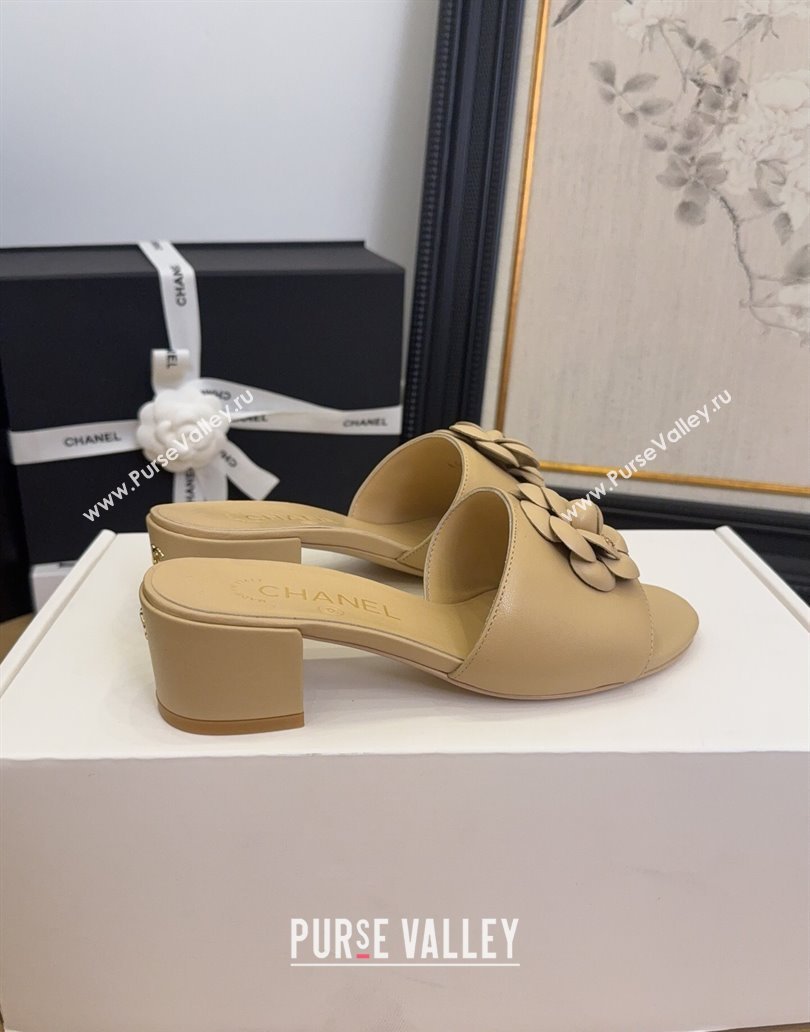 Chanel Lambskin Heel Slides Sandal 5cm with Camellia Beige 2025 CH041505 (MD-250415047)
