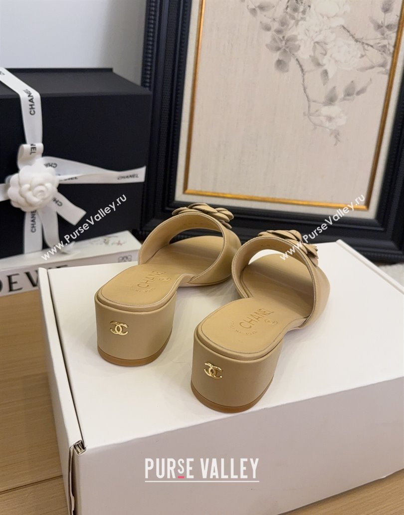 Chanel Lambskin Heel Slides Sandal 5cm with Camellia Beige 2025 CH041505 (MD-250415047)