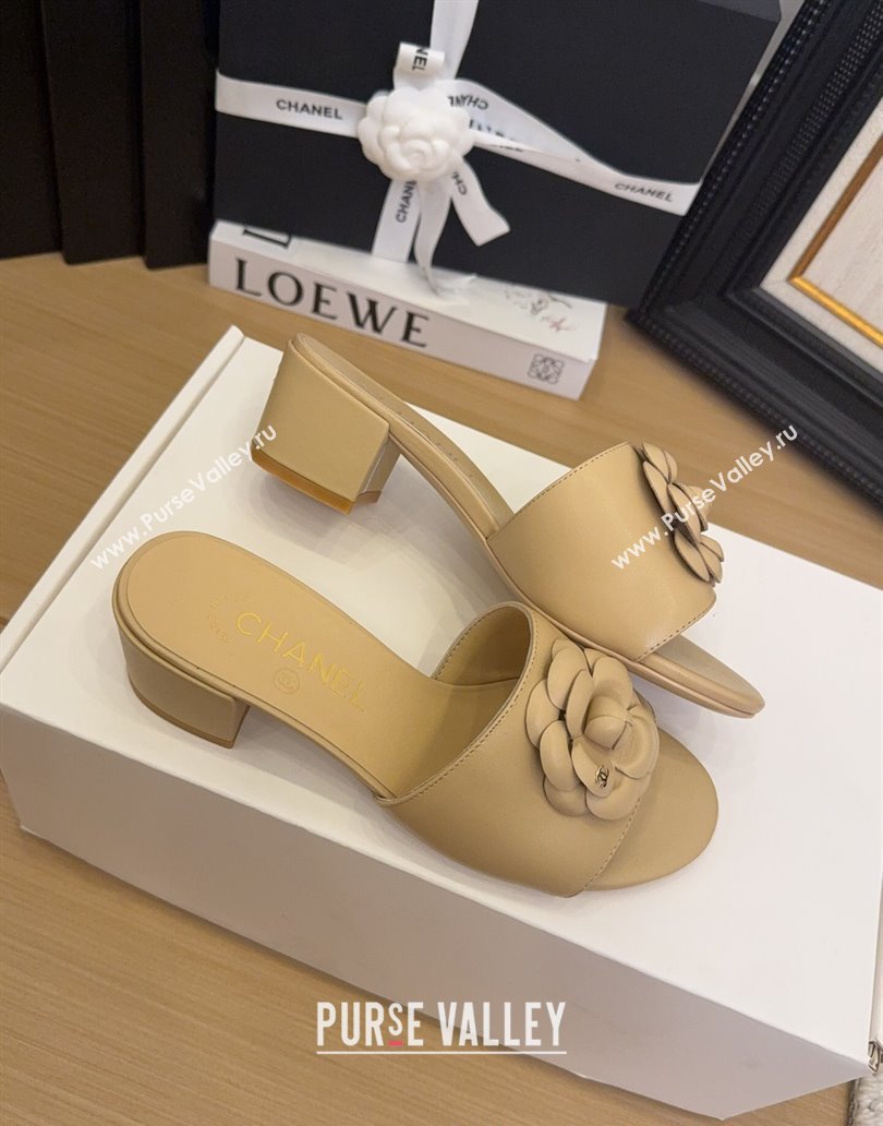Chanel Lambskin Heel Slides Sandal 5cm with Camellia Beige 2025 CH041505 (MD-250415047)