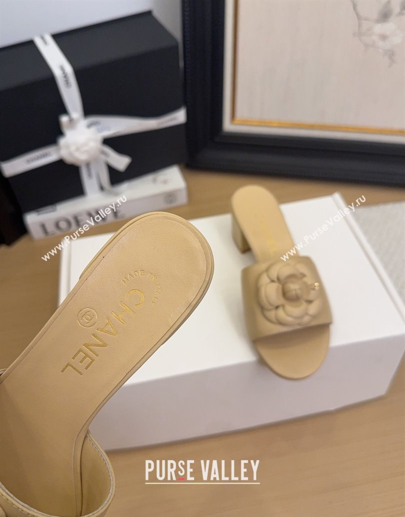 Chanel Lambskin Heel Slides Sandal 5cm with Camellia Beige 2025 CH041505 (MD-250415047)