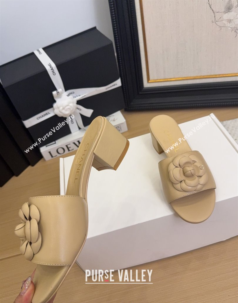Chanel Lambskin Heel Slides Sandal 5cm with Camellia Beige 2025 CH041505 (MD-250415047)