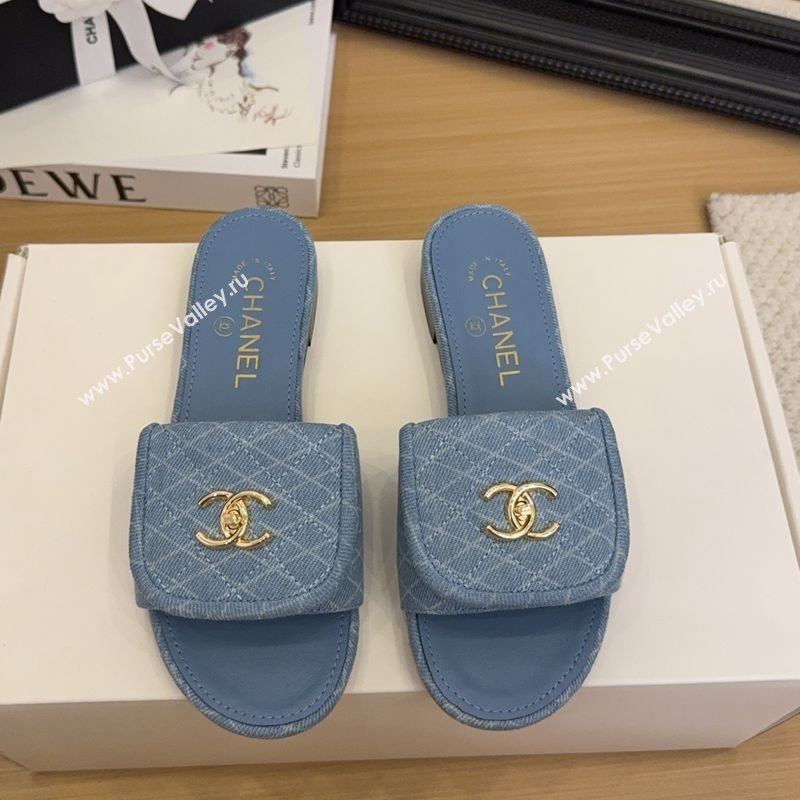 Chanel Quilted Denim Flat Slides Sandal with Foldover G45474 Light Blue 2025 (MD-250415048)