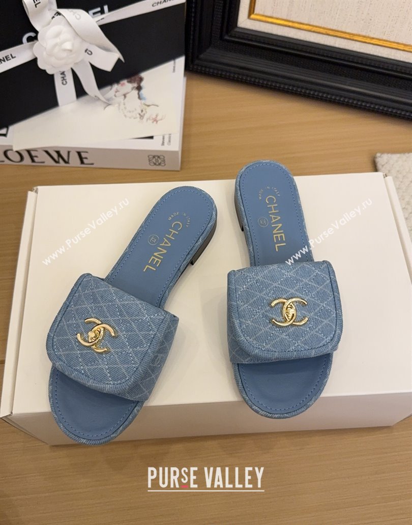 Chanel Quilted Denim Flat Slides Sandal with Foldover G45474 Light Blue 2025 (MD-250415048)