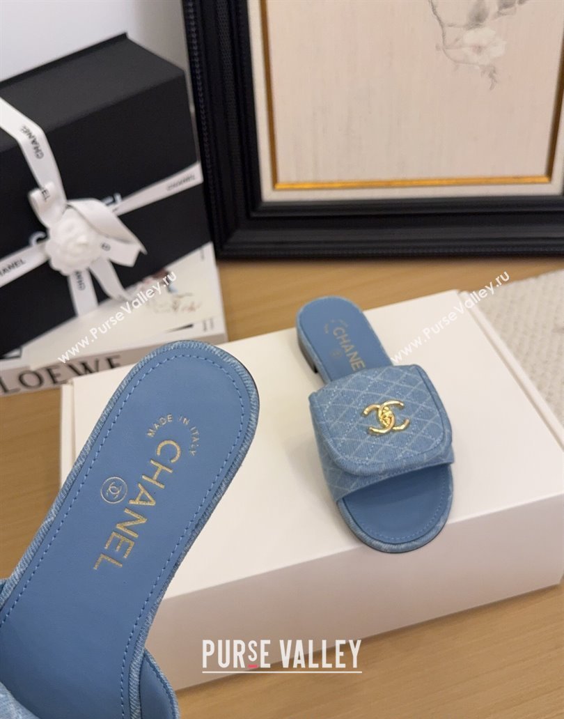 Chanel Quilted Denim Flat Slides Sandal with Foldover G45474 Light Blue 2025 (MD-250415048)