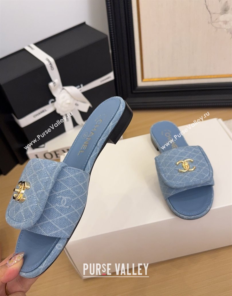 Chanel Quilted Denim Flat Slides Sandal with Foldover G45474 Light Blue 2025 (MD-250415048)