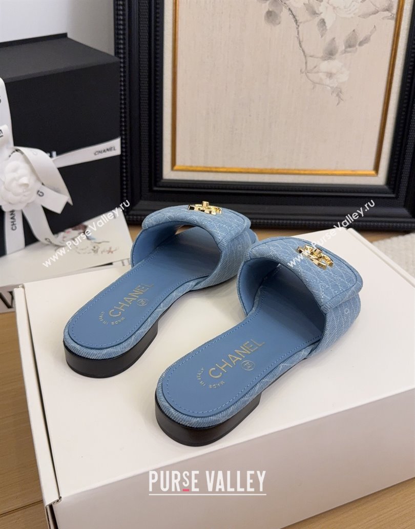 Chanel Quilted Denim Flat Slides Sandal with Foldover G45474 Light Blue 2025 (MD-250415048)