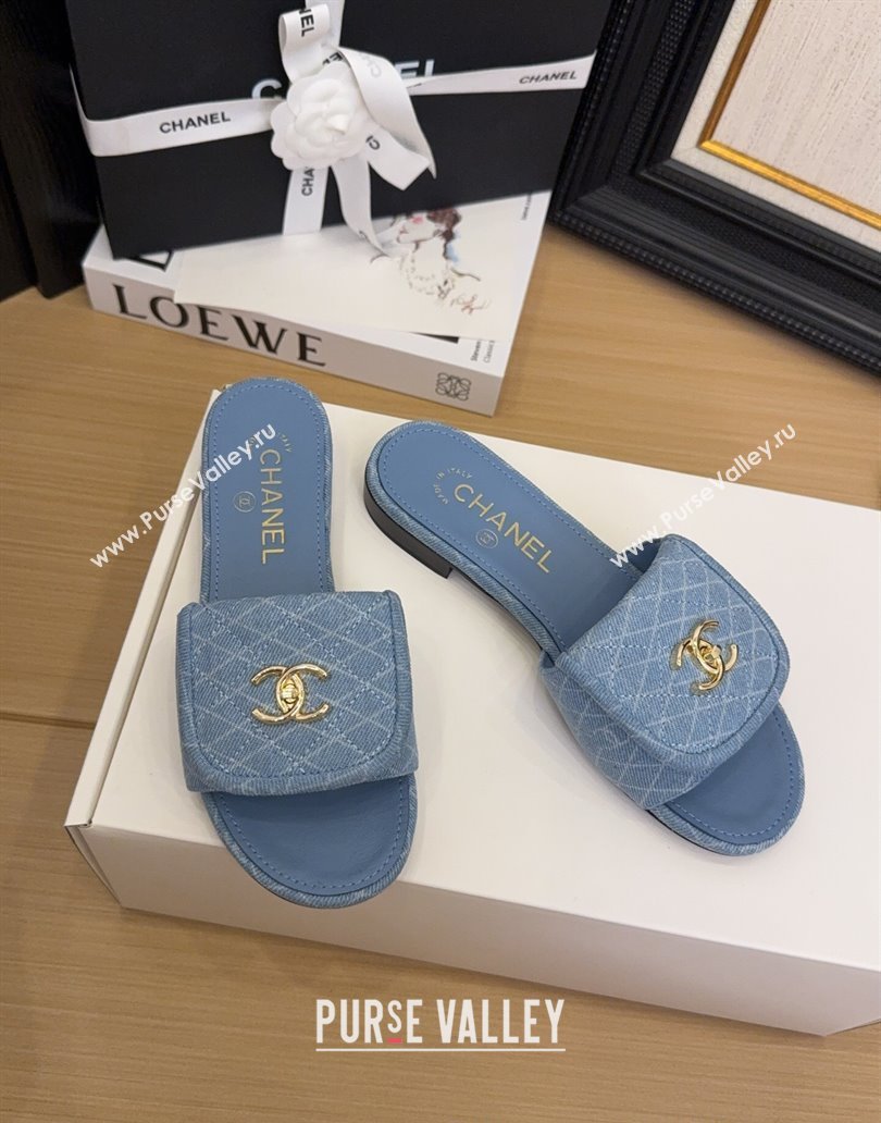 Chanel Quilted Denim Flat Slides Sandal with Foldover G45474 Light Blue 2025 (MD-250415048)