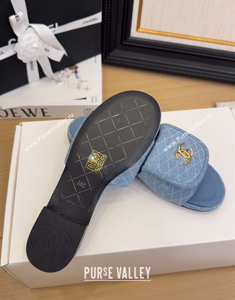 Chanel Quilted Denim Flat Slides Sandal with Foldover G45474 Light Blue 2025 (MD-250415048)
