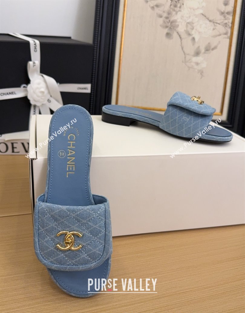 Chanel Quilted Denim Flat Slides Sandal with Foldover G45474 Light Blue 2025 (MD-250415048)