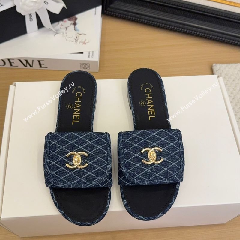Chanel Quilted Denim Flat Slides Sandal with Foldover G45474 Dark Blue 2025 (MD-250415049)
