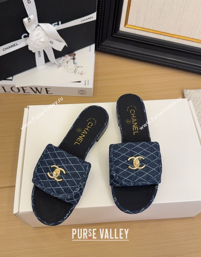 Chanel Quilted Denim Flat Slides Sandal with Foldover G45474 Dark Blue 2025 (MD-250415049)