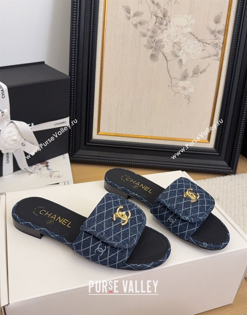 Chanel Quilted Denim Flat Slides Sandal with Foldover G45474 Dark Blue 2025 (MD-250415049)