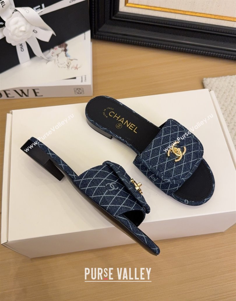 Chanel Quilted Denim Flat Slides Sandal with Foldover G45474 Dark Blue 2025 (MD-250415049)
