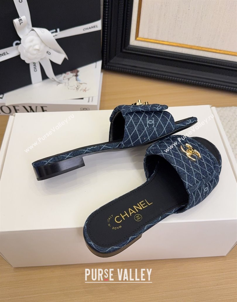 Chanel Quilted Denim Flat Slides Sandal with Foldover G45474 Dark Blue 2025 (MD-250415049)