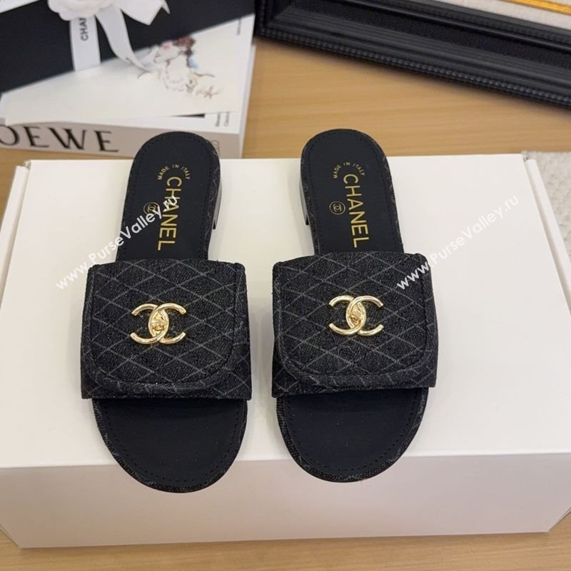 Chanel Quilted Denim Flat Slides Sandal with Foldover G45474 Black 2025 (MD-250415050)