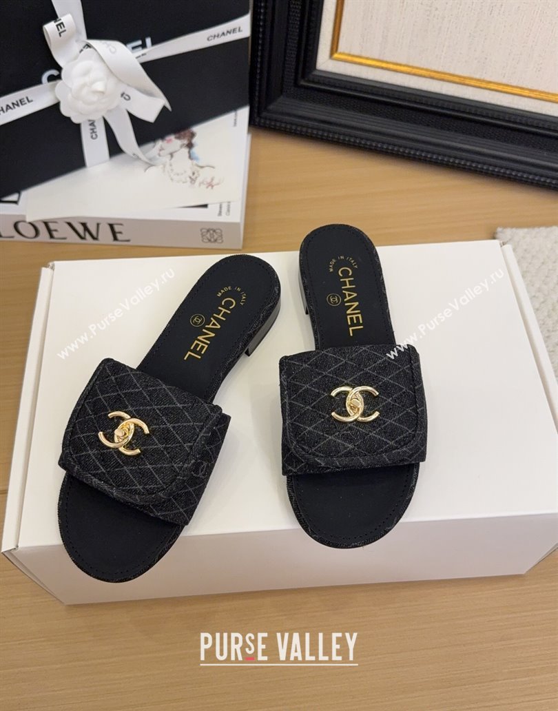 Chanel Quilted Denim Flat Slides Sandal with Foldover G45474 Black 2025 (MD-250415050)