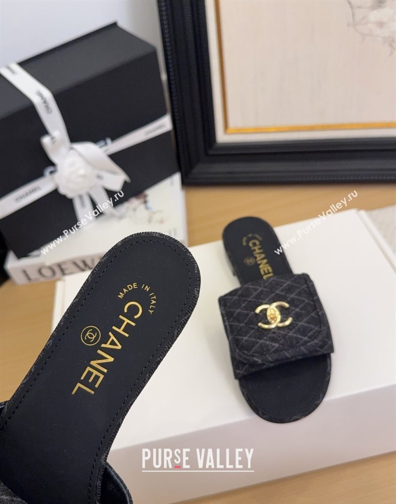 Chanel Quilted Denim Flat Slides Sandal with Foldover G45474 Black 2025 (MD-250415050)