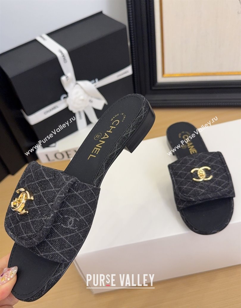 Chanel Quilted Denim Flat Slides Sandal with Foldover G45474 Black 2025 (MD-250415050)
