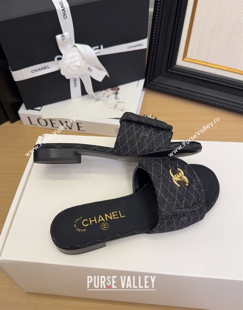 Chanel Quilted Denim Flat Slides Sandal with Foldover G45474 Black 2025 (MD-250415050)