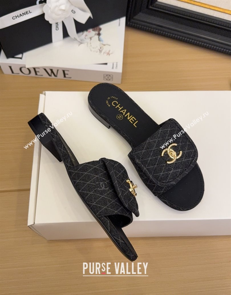 Chanel Quilted Denim Flat Slides Sandal with Foldover G45474 Black 2025 (MD-250415050)