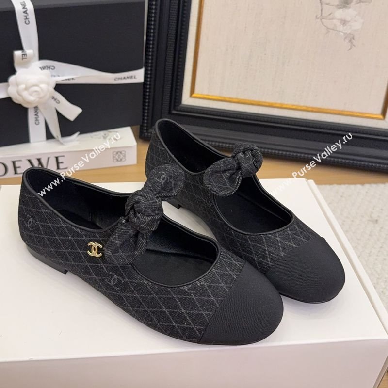Chanel Quilted Denim Mary Janes Ballet Flats with Knot Bow Black 2025 G46149 (MD-250415001)