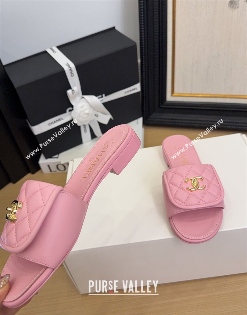 Chanel Quilted Lambskin Flat Slides Sandal with Foldover G45474 Light Pink 2025 (MD-250415062)