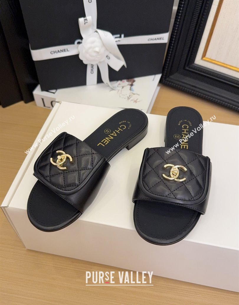 Chanel Quilted Lambskin Flat Slides Sandal with Foldover G45474 Black/Gold 2025 (MD-250415063)
