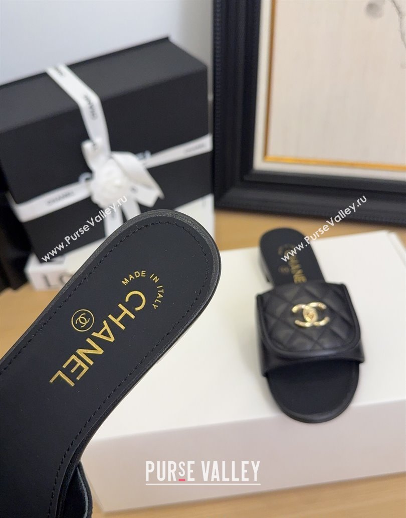 Chanel Quilted Lambskin Flat Slides Sandal with Foldover G45474 Black/Gold 2025 (MD-250415063)