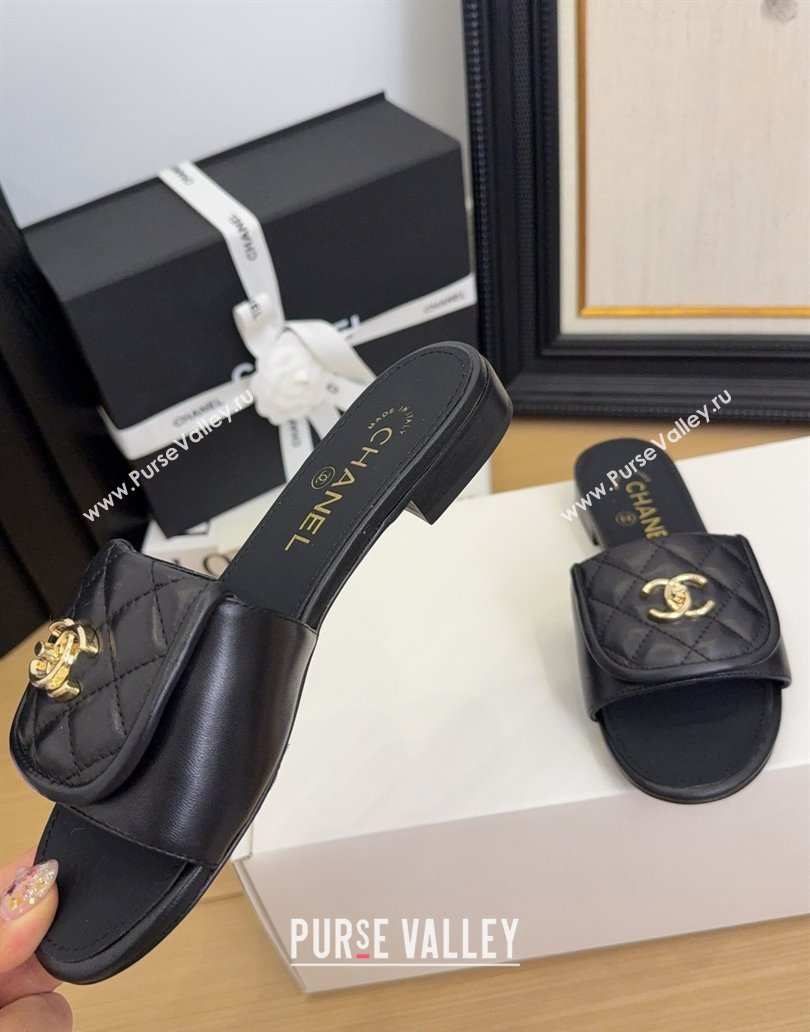 Chanel Quilted Lambskin Flat Slides Sandal with Foldover G45474 Black/Gold 2025 (MD-250415063)