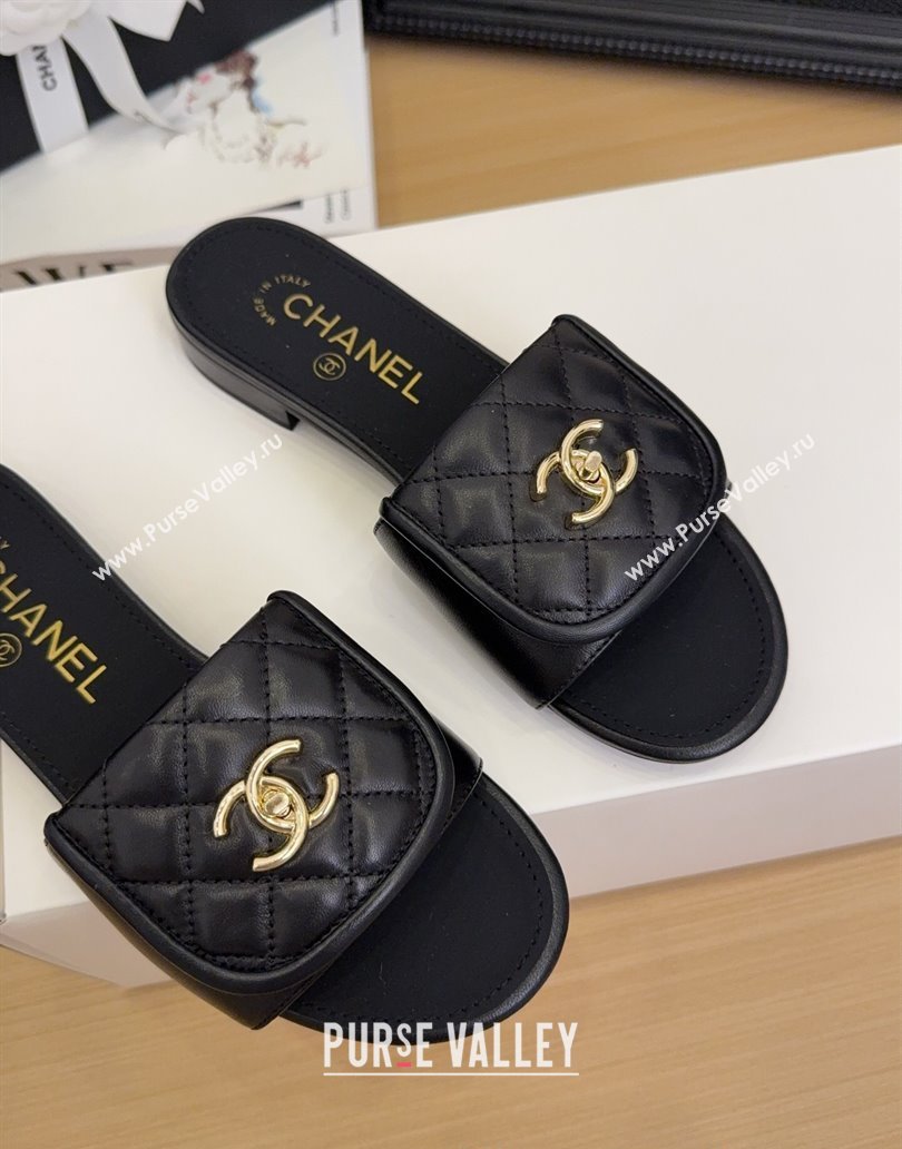 Chanel Quilted Lambskin Flat Slides Sandal with Foldover G45474 Black/Gold 2025 (MD-250415063)