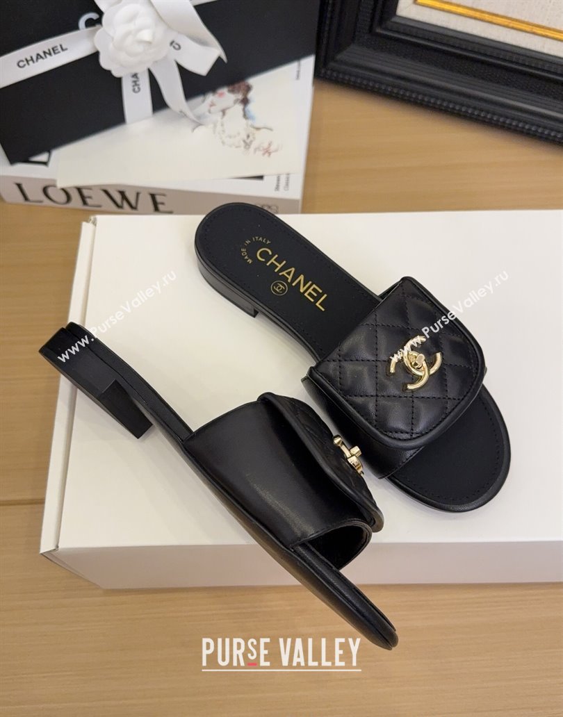 Chanel Quilted Lambskin Flat Slides Sandal with Foldover G45474 Black/Gold 2025 (MD-250415063)