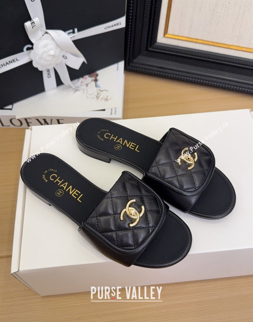 Chanel Quilted Lambskin Flat Slides Sandal with Foldover G45474 Black/Gold 2025 (MD-250415063)