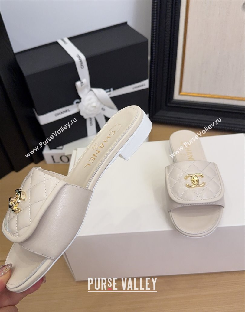 Chanel Quilted Lambskin Flat Slides Sandal with Foldover G45474 White/Gold 2025 (MD-250415064)
