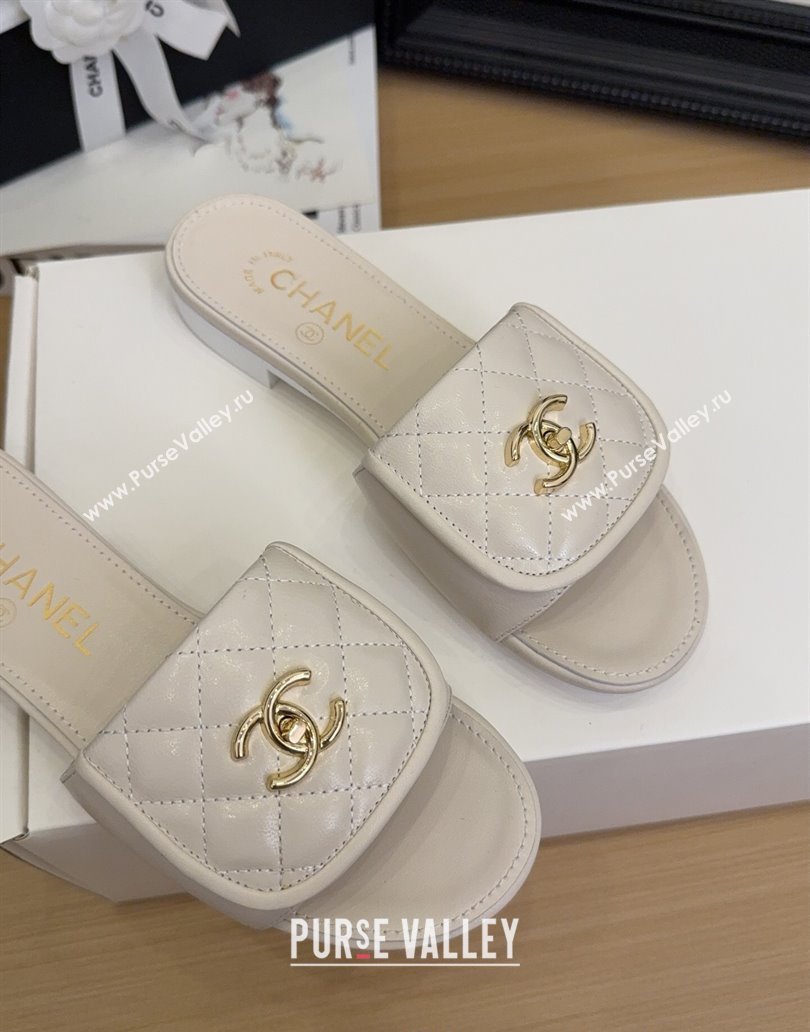 Chanel Quilted Lambskin Flat Slides Sandal with Foldover G45474 White/Gold 2025 (MD-250415064)