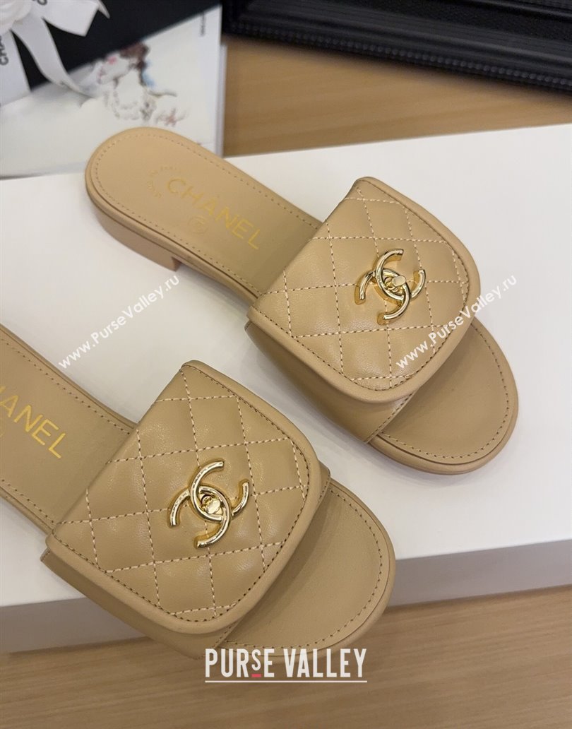 Chanel Quilted Lambskin Flat Slides Sandal with Foldover G45474 Beige 2025 (MD-250415065)