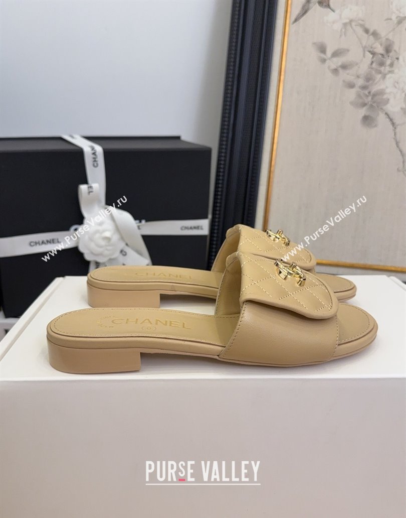 Chanel Quilted Lambskin Flat Slides Sandal with Foldover G45474 Beige 2025 (MD-250415065)