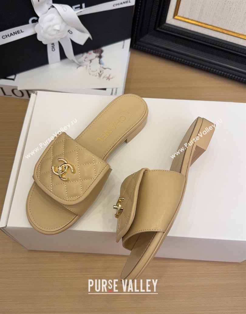 Chanel Quilted Lambskin Flat Slides Sandal with Foldover G45474 Beige 2025 (MD-250415065)