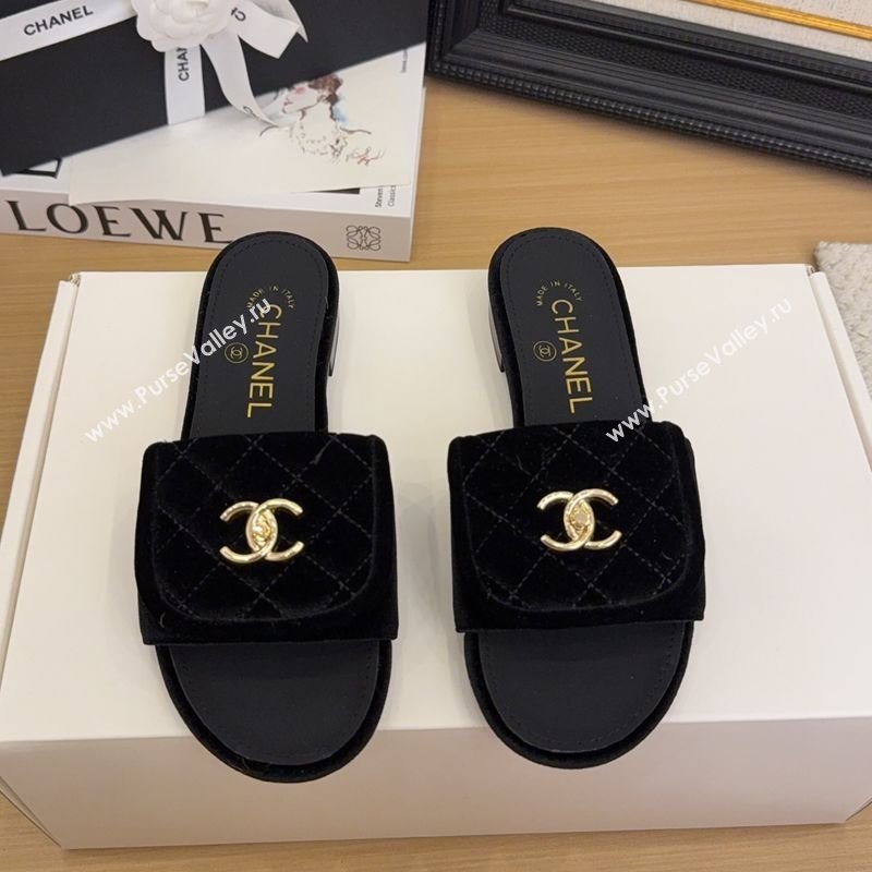 Chanel Velvet Flat Slides Sandal with Foldover G45474 Black 2025 (MD-250415066)