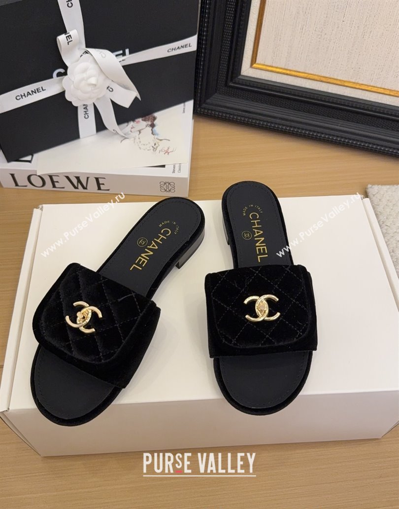 Chanel Velvet Flat Slides Sandal with Foldover G45474 Black 2025 (MD-250415066)