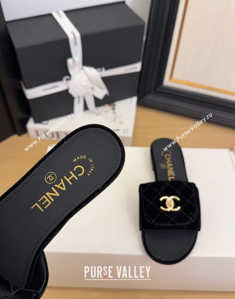 Chanel Velvet Flat Slides Sandal with Foldover G45474 Black 2025 (MD-250415066)