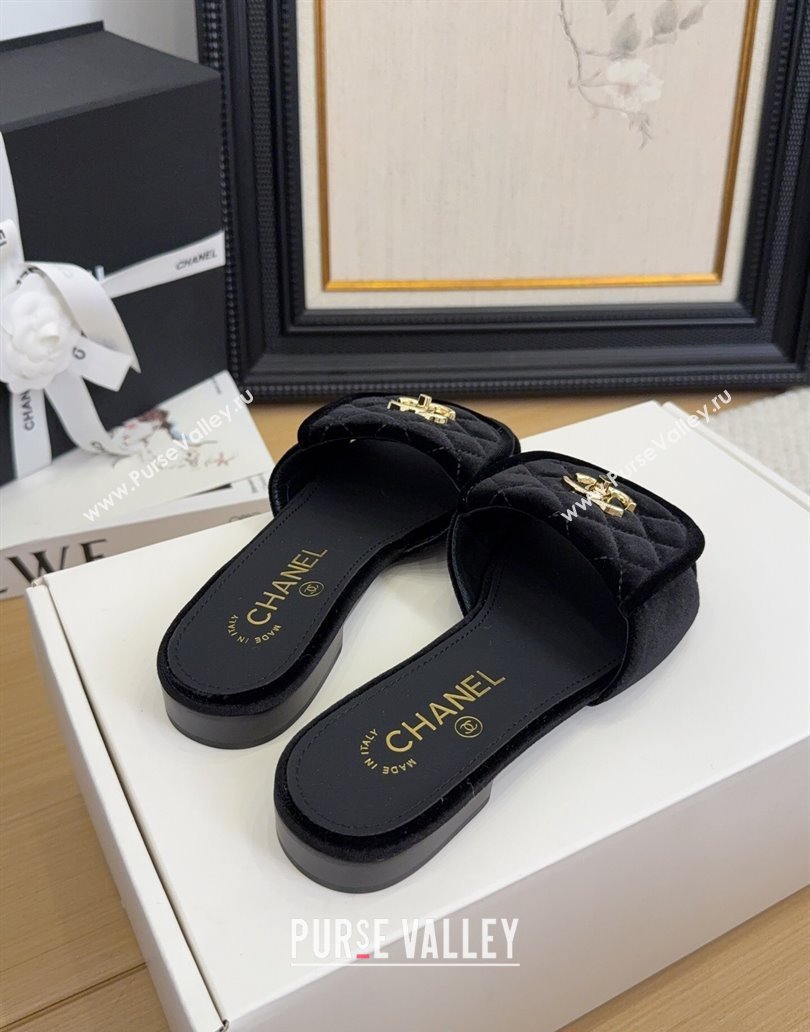 Chanel Velvet Flat Slides Sandal with Foldover G45474 Black 2025 (MD-250415066)