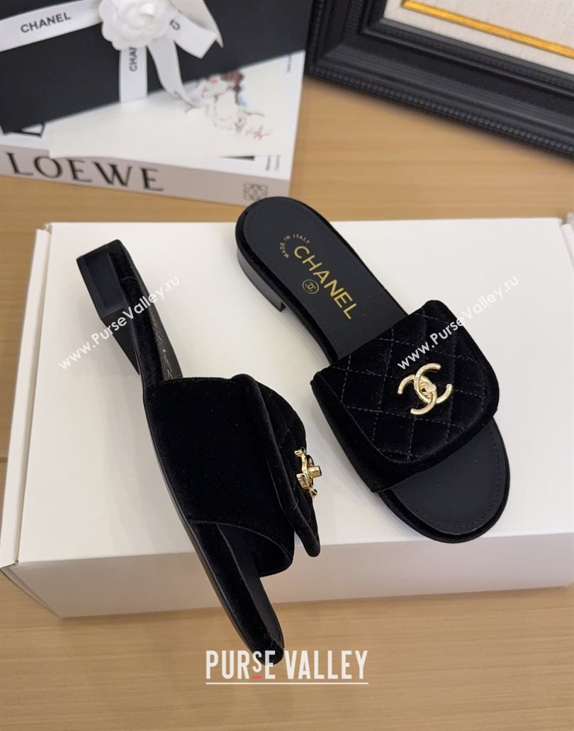 Chanel Velvet Flat Slides Sandal with Foldover G45474 Black 2025 (MD-250415066)