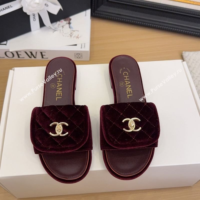 Chanel Velvet Flat Slides Sandal with Foldover G45474 Burgundy 2025 (MD-250415067)