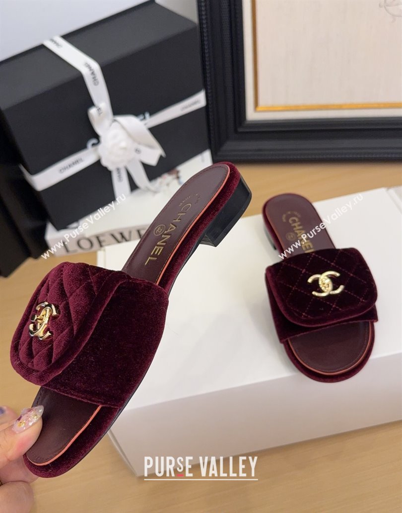 Chanel Velvet Flat Slides Sandal with Foldover G45474 Burgundy 2025 (MD-250415067)