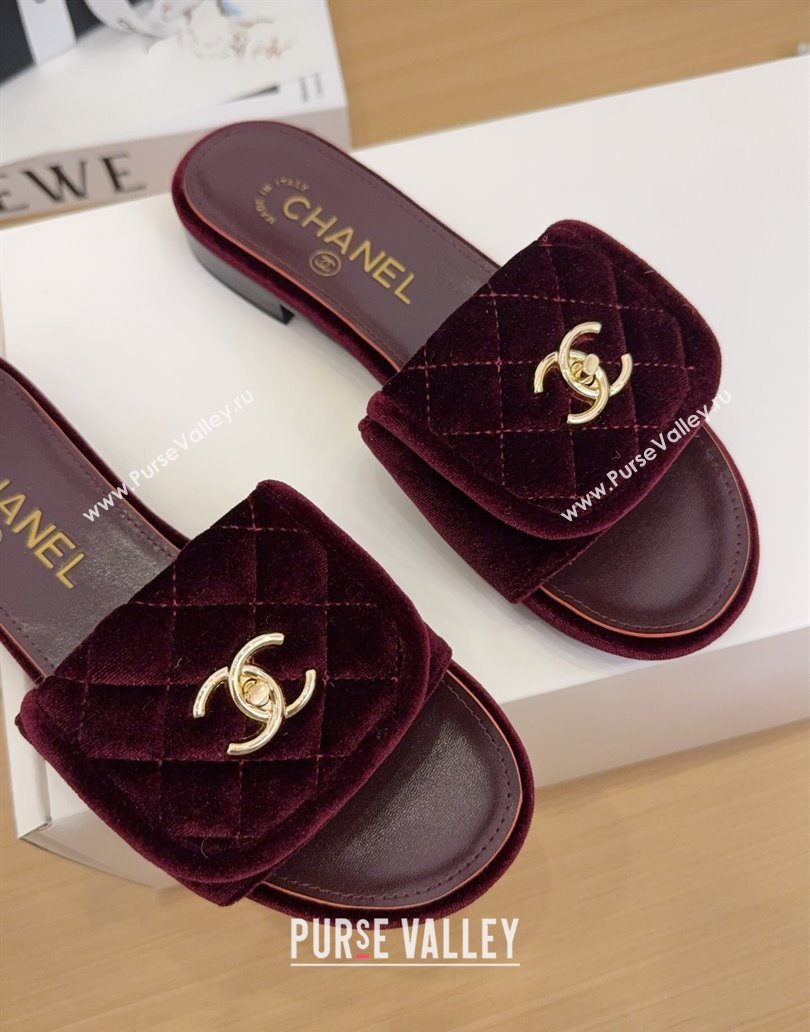Chanel Velvet Flat Slides Sandal with Foldover G45474 Burgundy 2025 (MD-250415067)