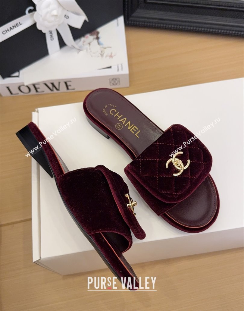 Chanel Velvet Flat Slides Sandal with Foldover G45474 Burgundy 2025 (MD-250415067)
